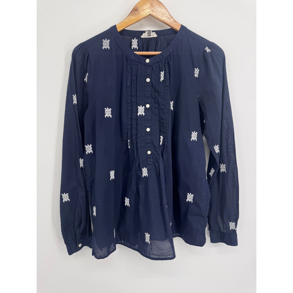 LOFT Softened Shirt  Women M Blue Embroidered Turtle Pintuck Coastal Nautical
